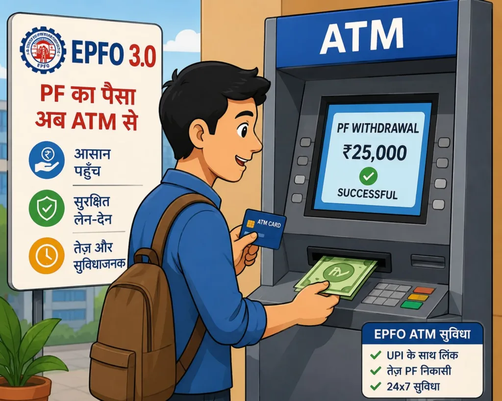 EPFO 3.0 lunch date और ATM से PF का पैसा प्राप्त करते हुए एक कर्मचारी।