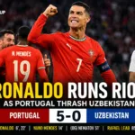 क्रिस्टियानो रोनाल्डो फीफा विश्व कप 2026 में उज्बेकिस्तान के खिलाफ गोल करने के बाद जश्न मनाते हुए, पुर्तगाल ने मुकाबला 5-0 से जीता।