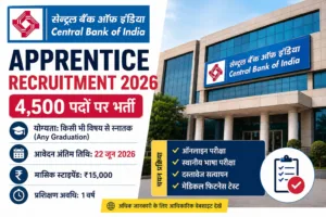 Central Bank of India Apprentice Recruitment 2026 banner showing 4500 apprentice vacancies, eligibility, stipend ₹15000, and last date 22 June 2026.
