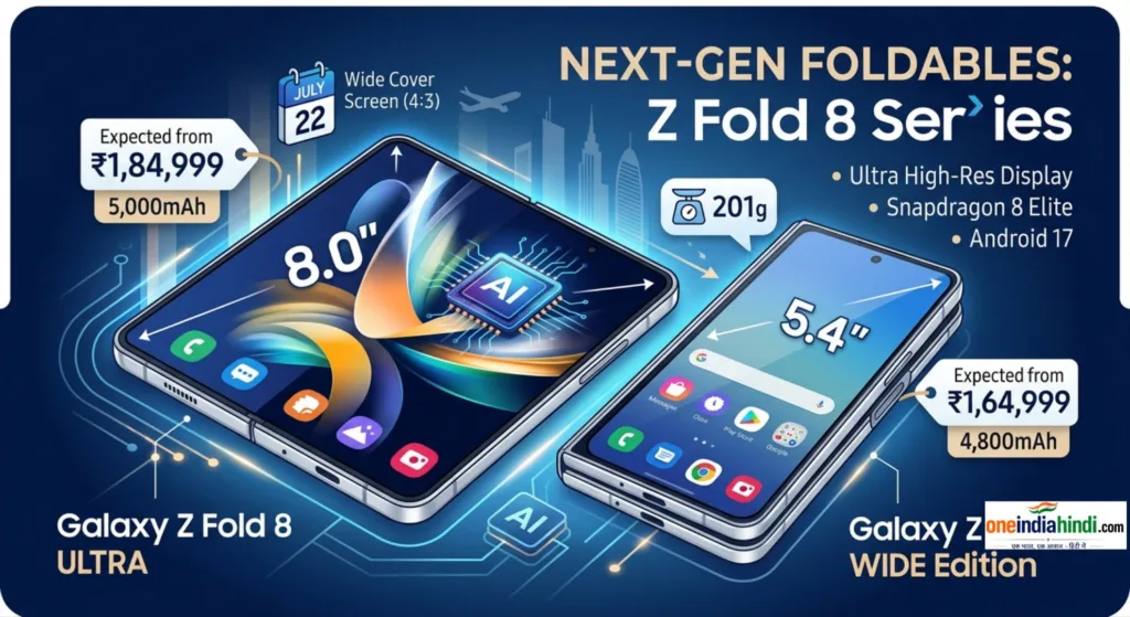 Samsung Galaxy Z Fold 8 Ultra and Wide Edition price in India, screen sizes, and battery specifications.