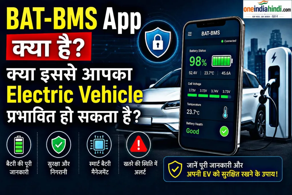 BAT-BMS App की जानकारी दिखाता स्मार्टफोन, Electric Vehicle और EV Battery Management System का चित्र।