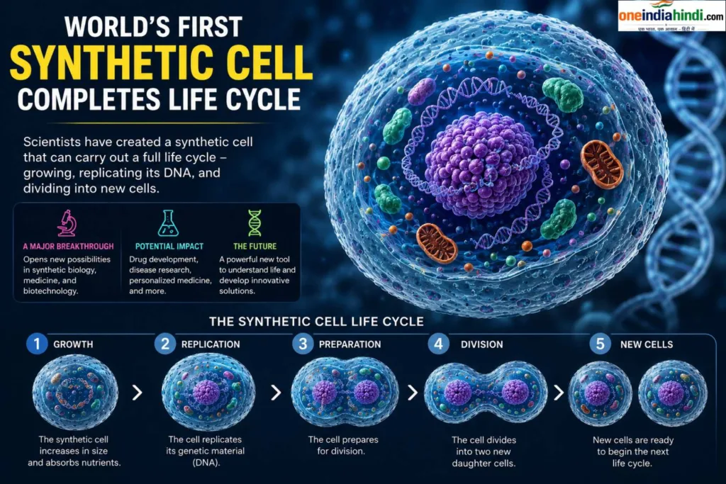 world's first synthetic cell completing a full life cycle, showing cell growth, DNA replication, preparation for division, cell division, and the formation of new cells.