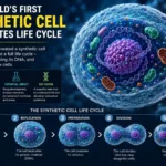 world's first synthetic cell completing a full life cycle, showing cell growth, DNA replication, preparation for division, cell division, and the formation of new cells.