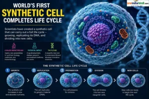 world's first synthetic cell completing a full life cycle, showing cell growth, DNA replication, preparation for division, cell division, and the formation of new cells.